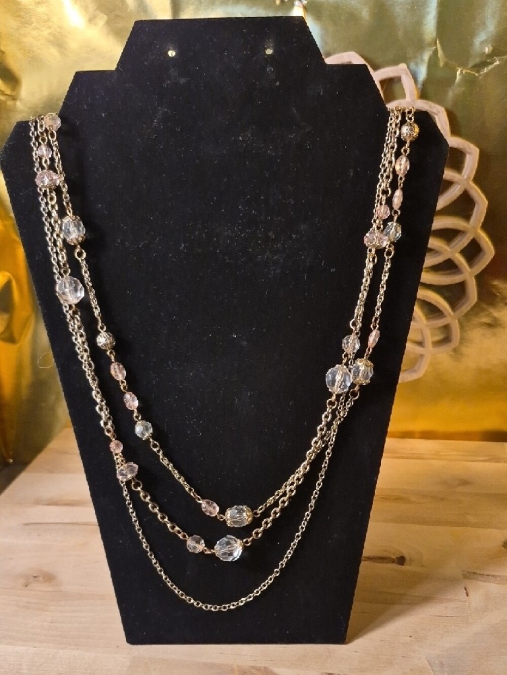 Elegant Multi-Strand Gold Necklace with Clear and Pale Pink Beads - Picture 2 of 4